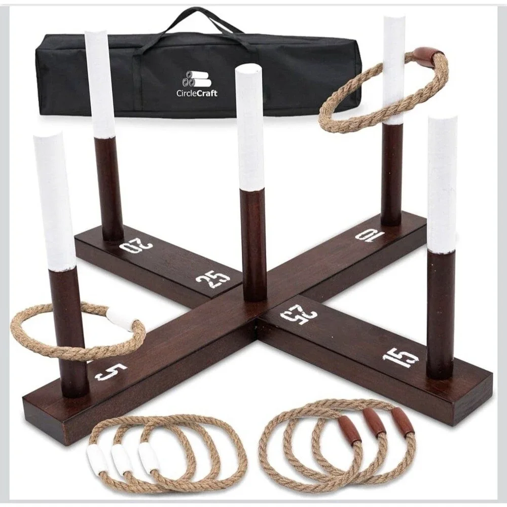 CircleCraft Rustic Wood & Rope Ring Toss Game for Adults - Featuring Wide Grip H